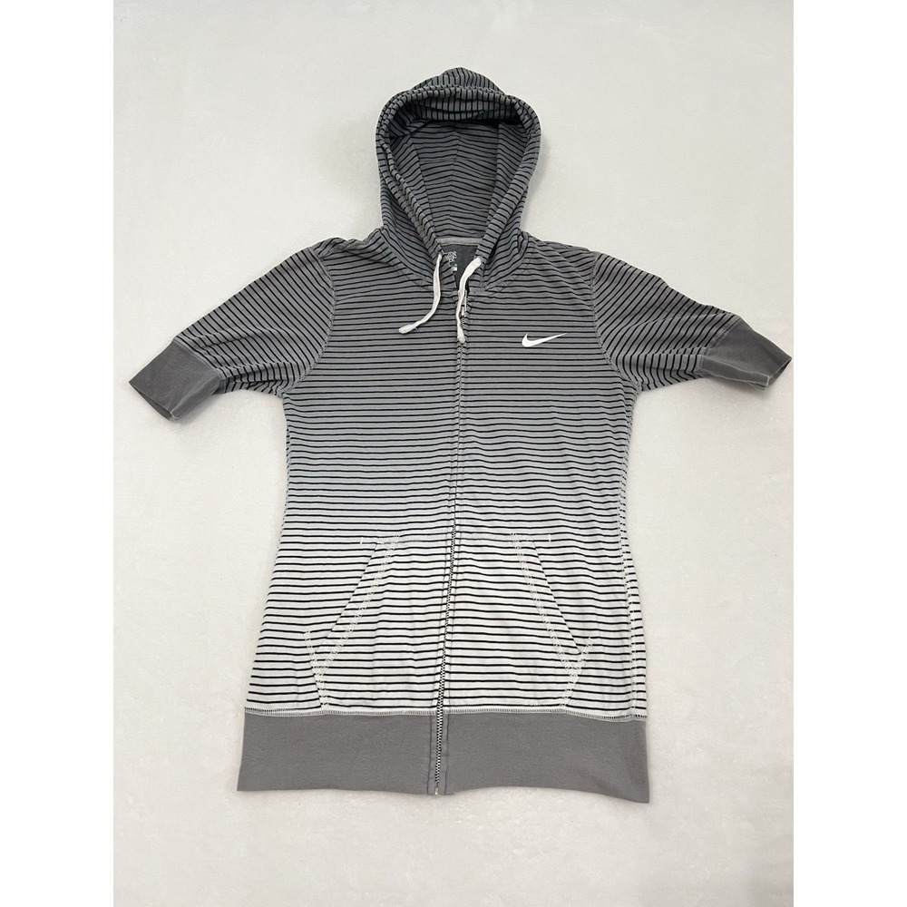 Nike Full Zip Athletic Hoodie Short‎ Sleeve Gym Gray Striped Swoosh Logo Size XS